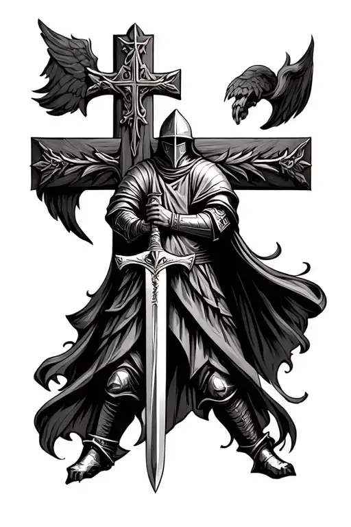 Knight Templar with sword in front of the Cross tattoo design idea