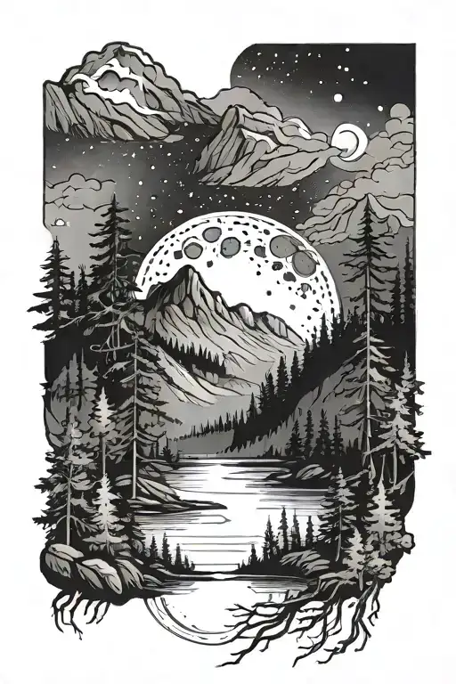nature mountains forest lake stars moon loons tattoo design idea