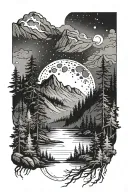 nature mountains forest lake stars moon loons tattoo design idea