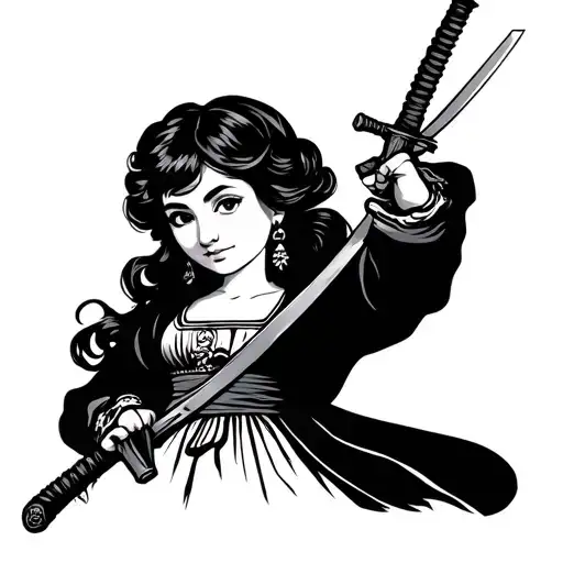simple tattoo design of cute polish woman in traditional polish clothes with katana in hand tattoo design idea