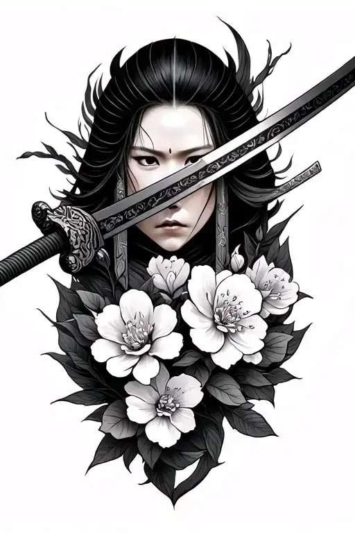 samurai warrior sword sakura flowers tattoo design idea