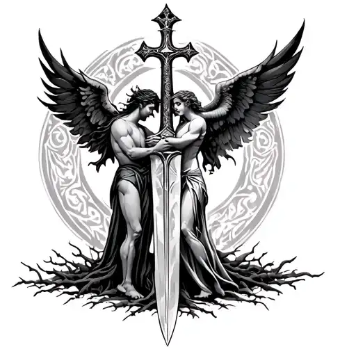 tree of life, male devil and female angel love embrace, broad sword with cross as handle tattoo design idea