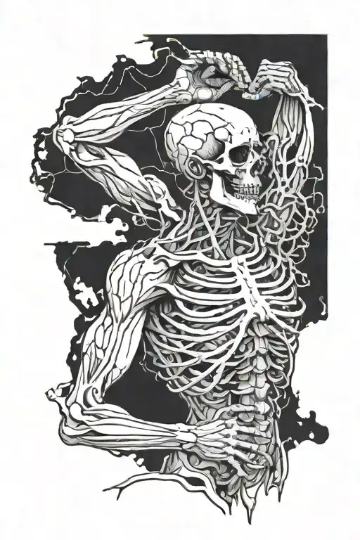 An image of the ancient Greek god Atlas, who is a skeleton with flesh growing on it and holds a stone on his shoulders tattoo design idea