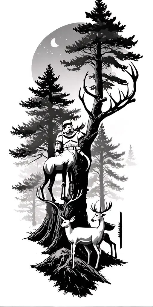 Buck, doe, and fawn deer with trees and a stormtrooper archer in tree tattoo design idea