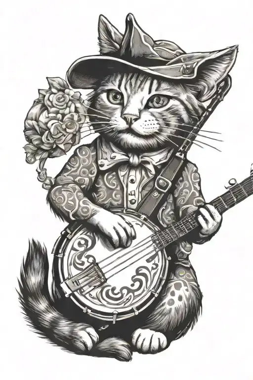 cat playing banjo wearing old colonial dress tattoo design idea