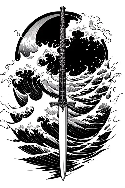 A katana sword slicing through crashing waves tattoo design idea