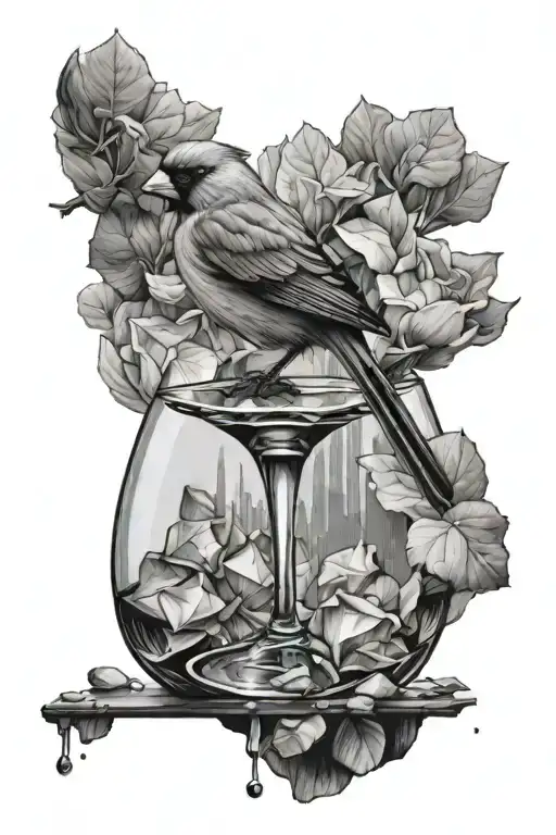 a manhattan drink on the rocks. place a cardinal with its feet perched on the rim of the glass  tattoo design idea