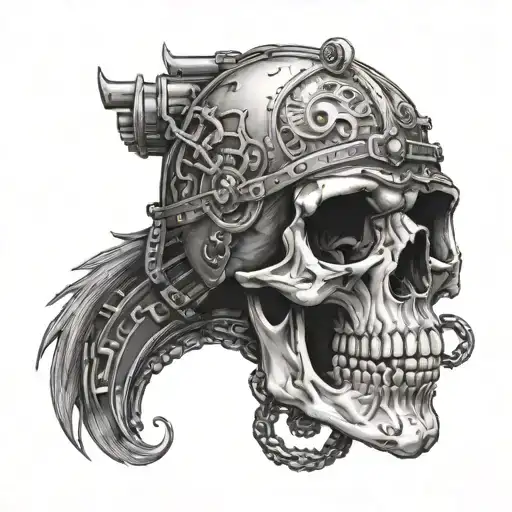 The design begins on the shoulder with a sinister skull, perhaps adorned with motorcycle details such as chains and whee tattoo design idea