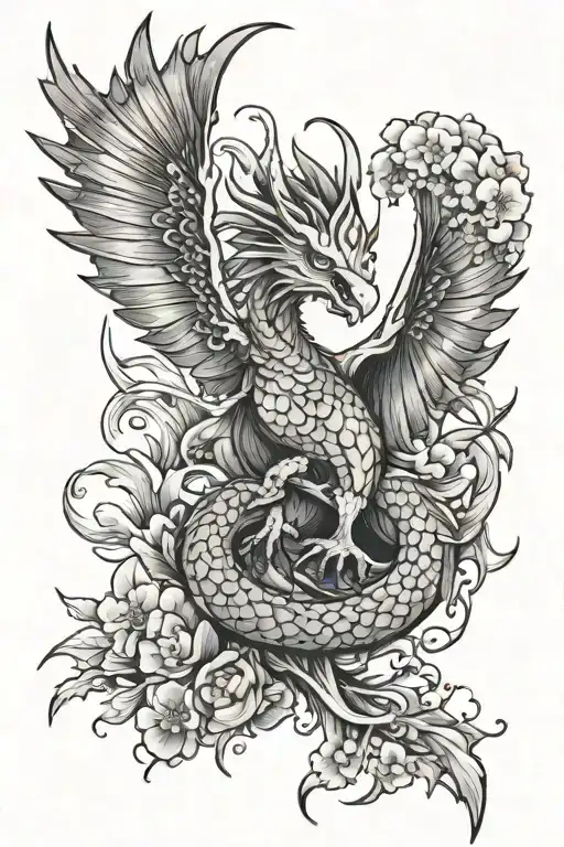 fierce cute dragon with eagle wings, with water element and sakura branches around.  tattoo design idea