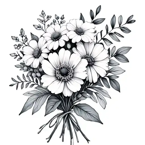 bouquet of birth flowers for February, March, June, October, and December  tattoo design idea
