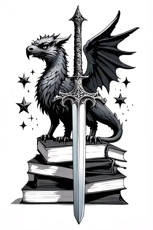 fantasy, multiple books, sword, stars, gryphon tattoo design idea