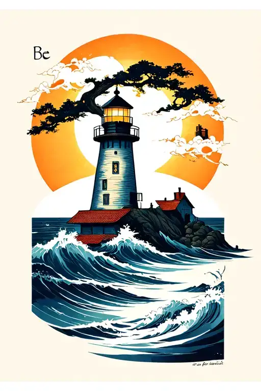 "Be the light" japanese sun and lighthouse  tattoo design idea