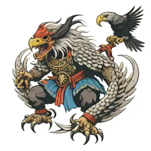 TIBETAN warrior vs   eagle monster with bow and sword tattoo design idea