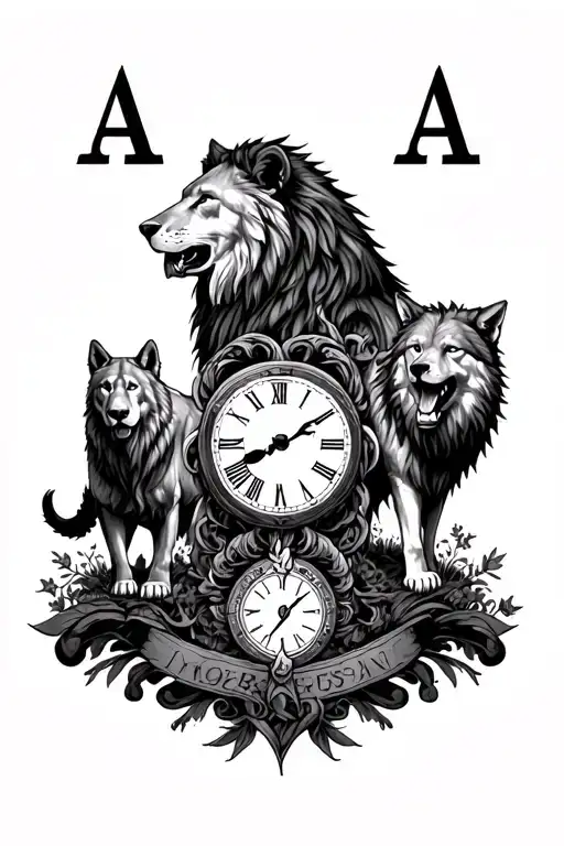 lion and a wolf and the valley of the shadow of death and the tree of life and a clock and the A's of spades  tattoo design idea