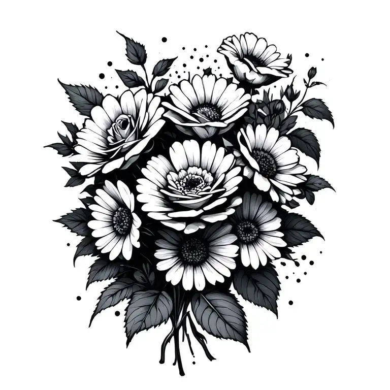 bouquet of rose, daisy, sweetpea, honeysuckle flowers. minimalistic design with black and dot shading tattoo design idea