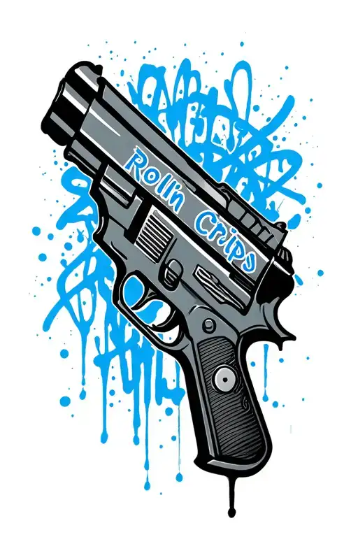 Blue graffity tattoo with the name Rollin Crips with gun  tattoo design idea