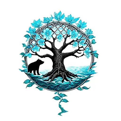 tree of life intertwined with flower of life bear and sea turtle tattoo design idea