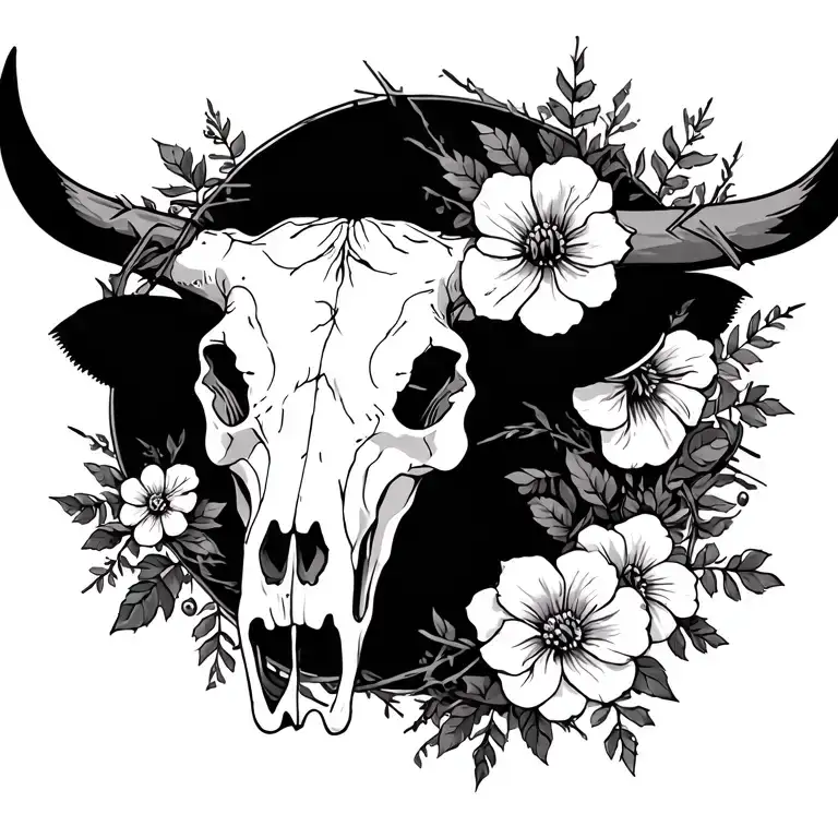 flowers, barbed wire and a cow skull going down the spine tattoo design idea