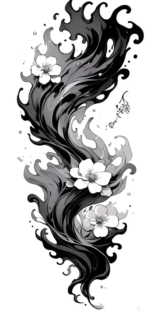Japanese manga with fluid fire, wind -type smoke and cherry flower background tattoo design idea