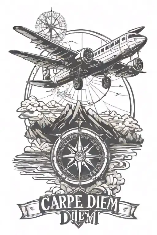 silhouette of a man, mountains, sea, plane, compass, travel, inscription Carpe diem tattoo design idea