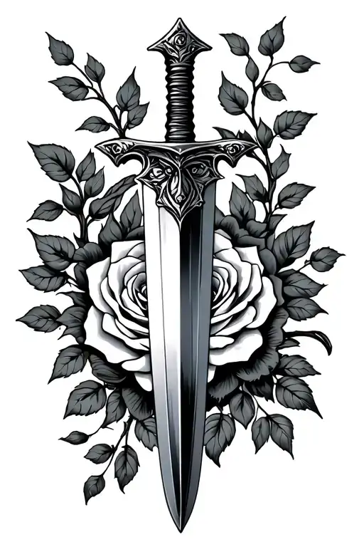 A dagger with a rose vine around it tattoo design idea