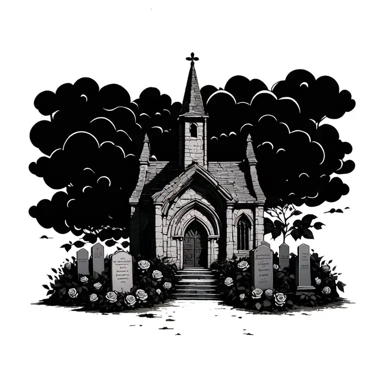 old abanond ruin  church  with dark clouds and grave stones and black rose bushes tattoo design idea