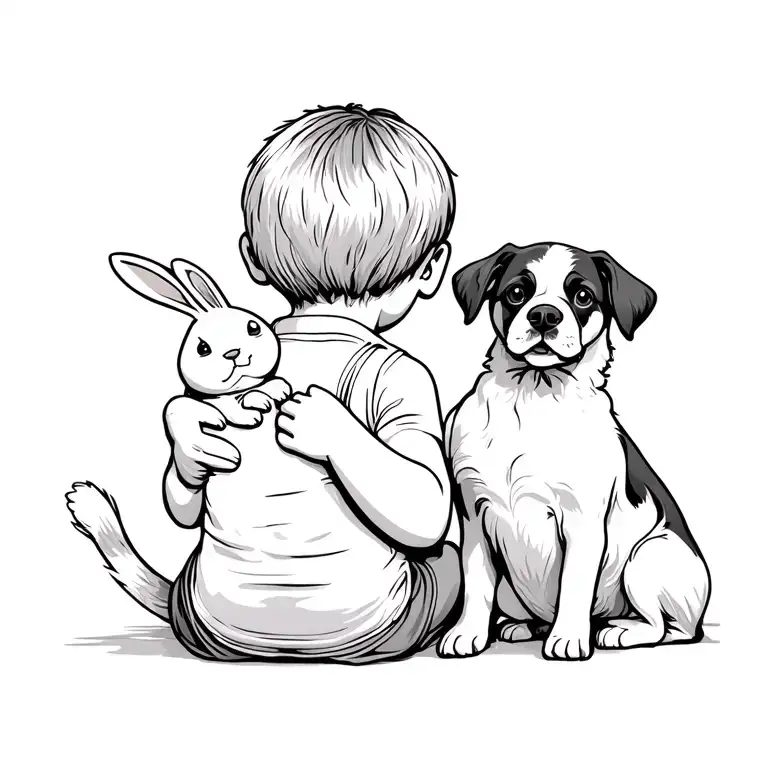 a line tattoo viewed from the back of a kid holding a bunny toy and a dog sitting next to it  tattoo design idea