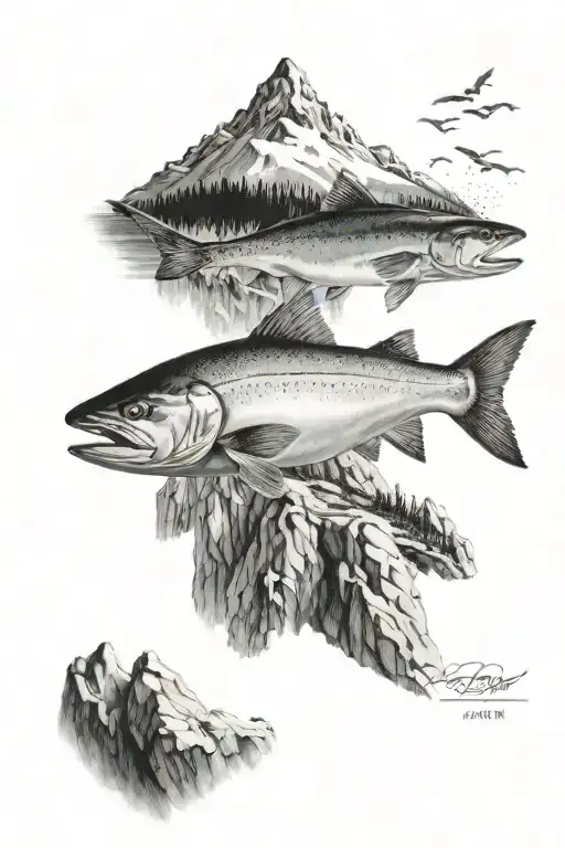 salmon on mountain peak tattoo design idea