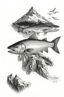 salmon on mountain peak tattoo design idea