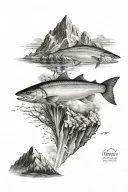 salmon on mountain peak tattoo design idea