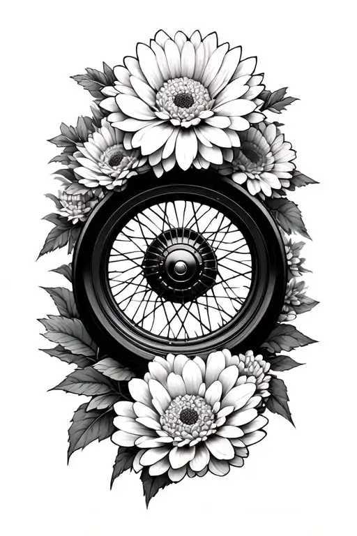 "Японские хризантемы окутывают" "Japanese chrysanthemums envelop" Japanese chrysanthemums and a motorcycle wheel tattoo design idea
