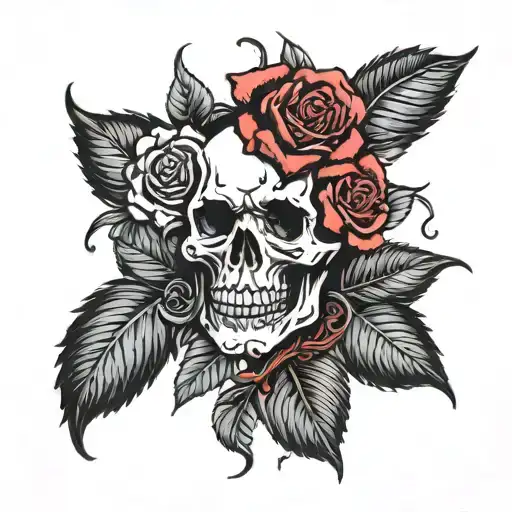 black skull with red roses tattoo design idea