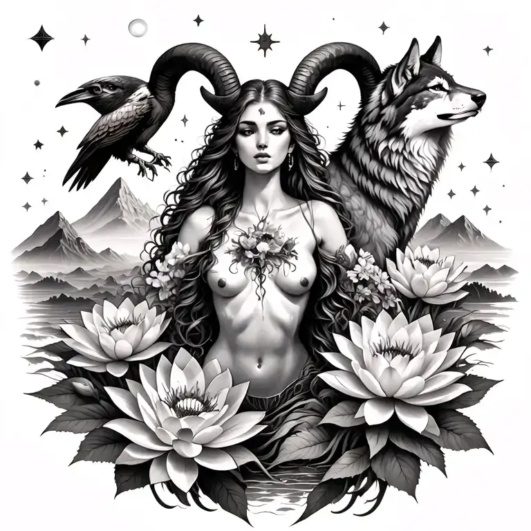 Aries sexy Surrounded By Poeny And Lotus Flowers growing With A Wolf A hawk And Mountains Range and mars and stars  tattoo design idea
