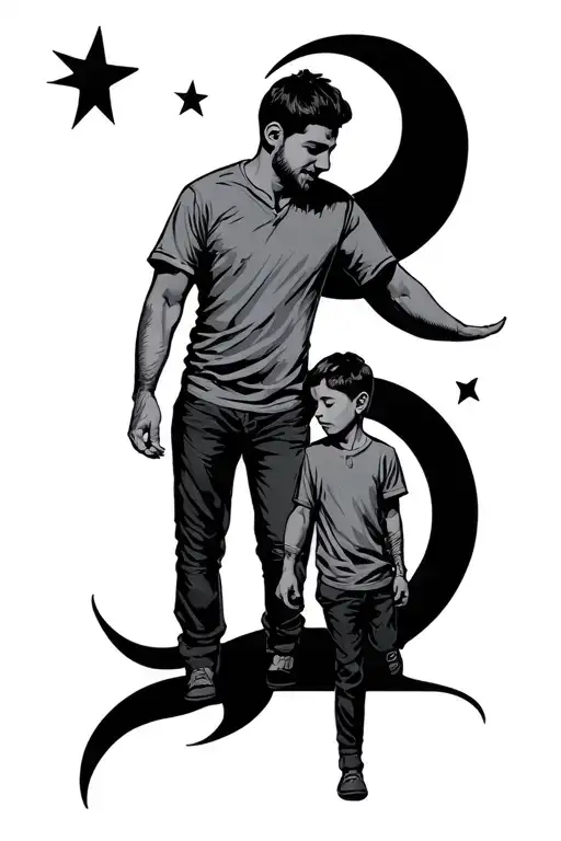 dad and son, with one star and moon, with surname tattoo design idea