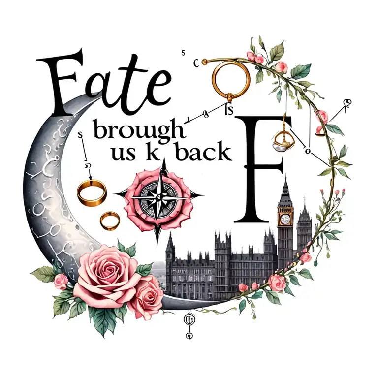 "Fate brought us back " "Fate brought us back " crescent moon, Aries & Libra constellations, roses, wedding rings, compass, London skyline, initials I & F tattoo design idea