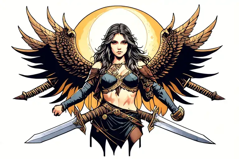 A valkyrie with swords in her hand, behind her the moon tattoo design idea
