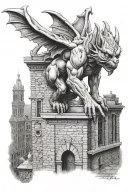 gargoyle and brick building view tattoo design idea