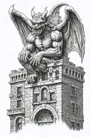 gargoyle and brick building view tattoo design idea
