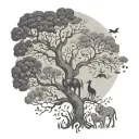 A whimsical dotwork design featuring a menagerie of animals frolicking around a majestic tree of life tattoo design idea