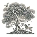 A whimsical dotwork design featuring a menagerie of animals frolicking around a majestic tree of life tattoo design idea