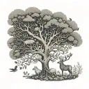 A whimsical dotwork design featuring a menagerie of animals frolicking around a majestic tree of life tattoo design idea