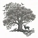 A whimsical dotwork design featuring a menagerie of animals frolicking around a majestic tree of life tattoo design idea