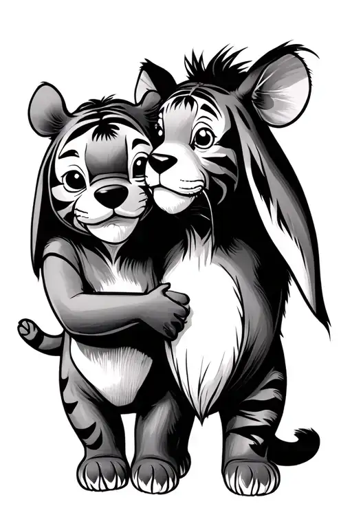 stitch holding winnie the pooh eeyore and tiger tattoo design idea