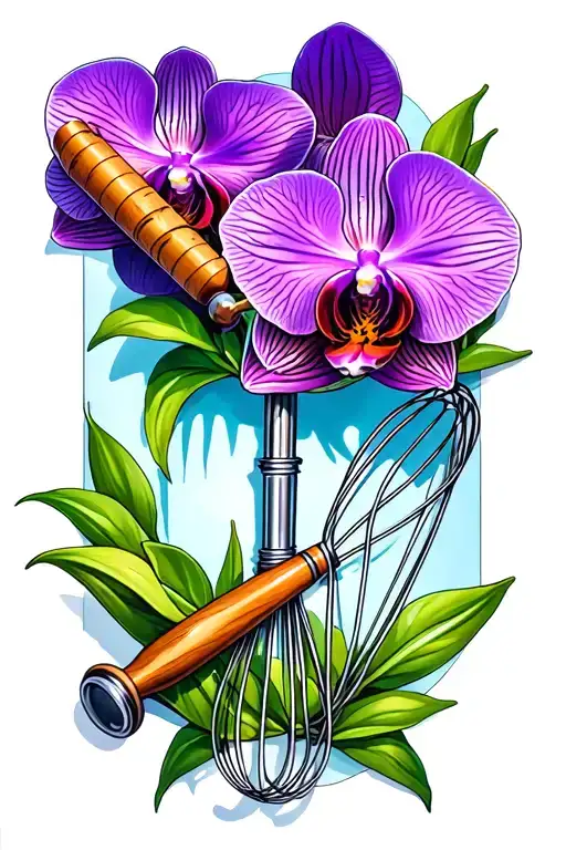 An orchid intertwined with a whisk and rolling pin tattoo design idea