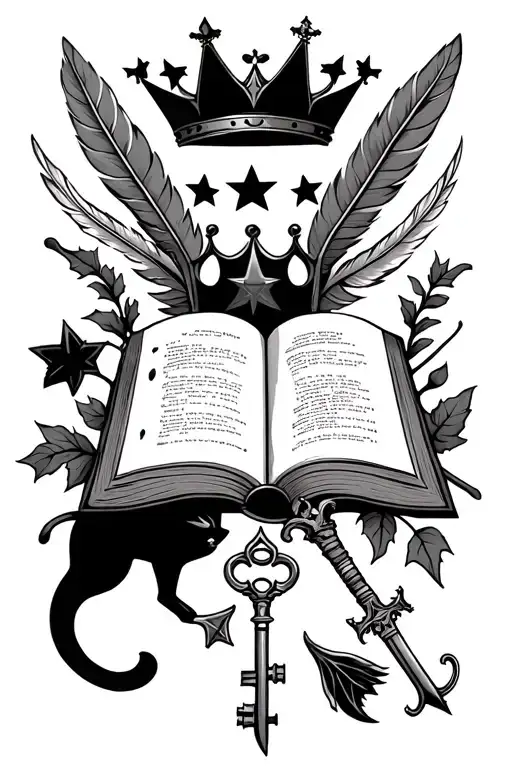 9 stars, 3 feathers, an open book, ivy leaf, a crown, a dagger, a cat, a umbrella, a winged key tattoo design idea