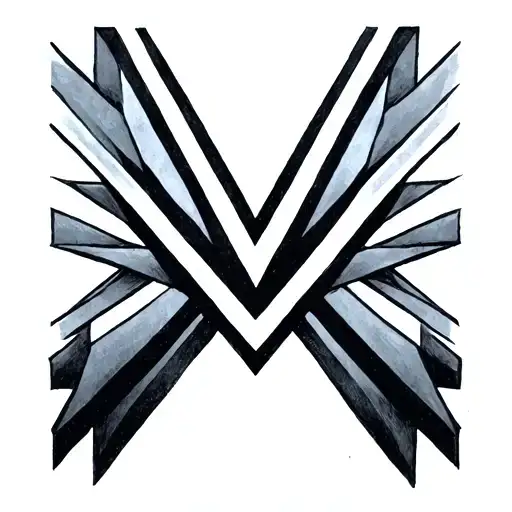 V -shaped geometric tattoo, not letters, not only shape; The two arms are equal and symmetrical. Hard, pronounced and thick lines, interior tattoo design idea