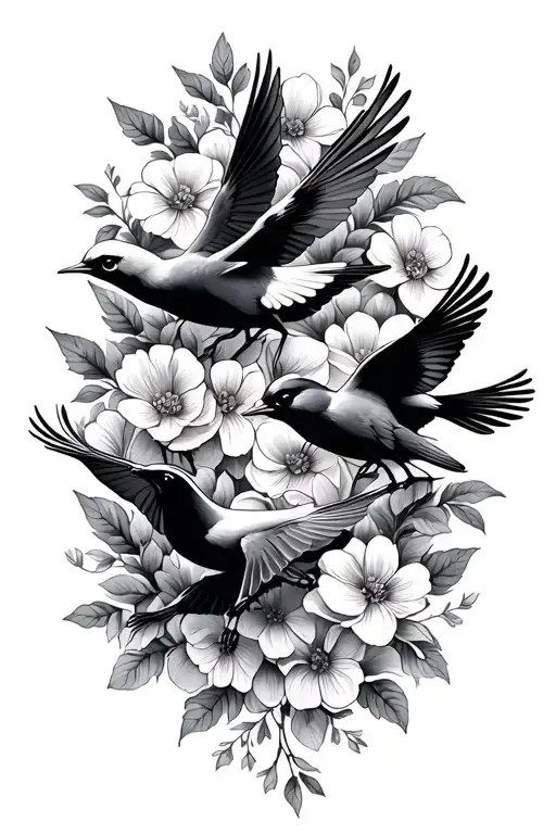 cute birds flying and perched with flowers in background tattoo design idea