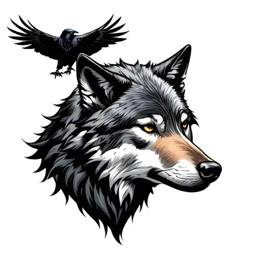 Wolf facing forward with raven perched tattoo design idea