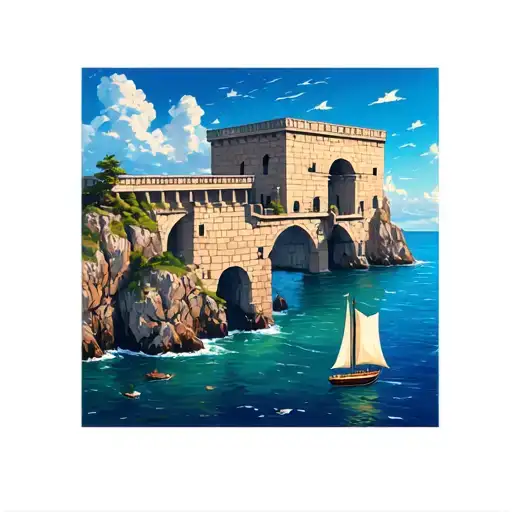 ancient Roman stone wall built into cliff side with arch windows and walk ways overlooking the ocean with sailboat  tattoo design idea