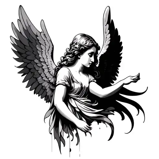 A detailed and artistic tattoo design of an angel with asymmetrical wings: one wing is beautiful, radiant, and angelic,  tattoo design idea